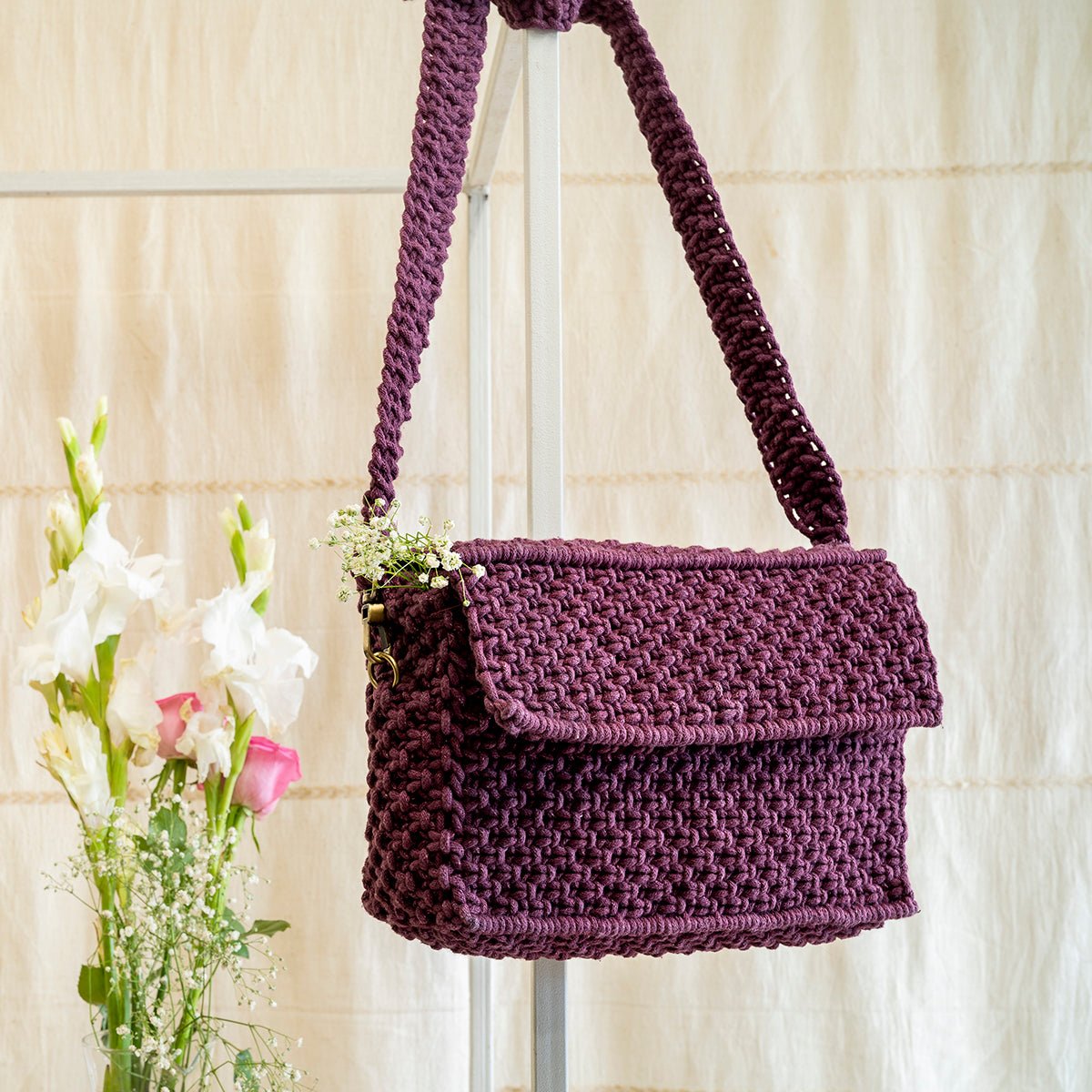 A Boxy Affair Hand - Knotted Sling Bag | Handmade Sustainable Fashion – Bags on Brown Living™. SKU: S22BOXYAFF119-BUR. Img 1.