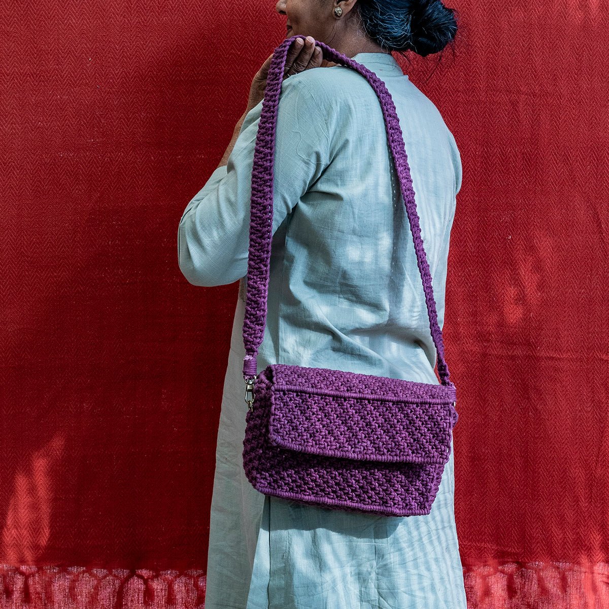 A Boxy Affair Hand - Knotted Sling Bag | Handmade Sustainable Fashion – Bags on Brown Living™. SKU: S22BOXYAFF119-BUR. Img 6.