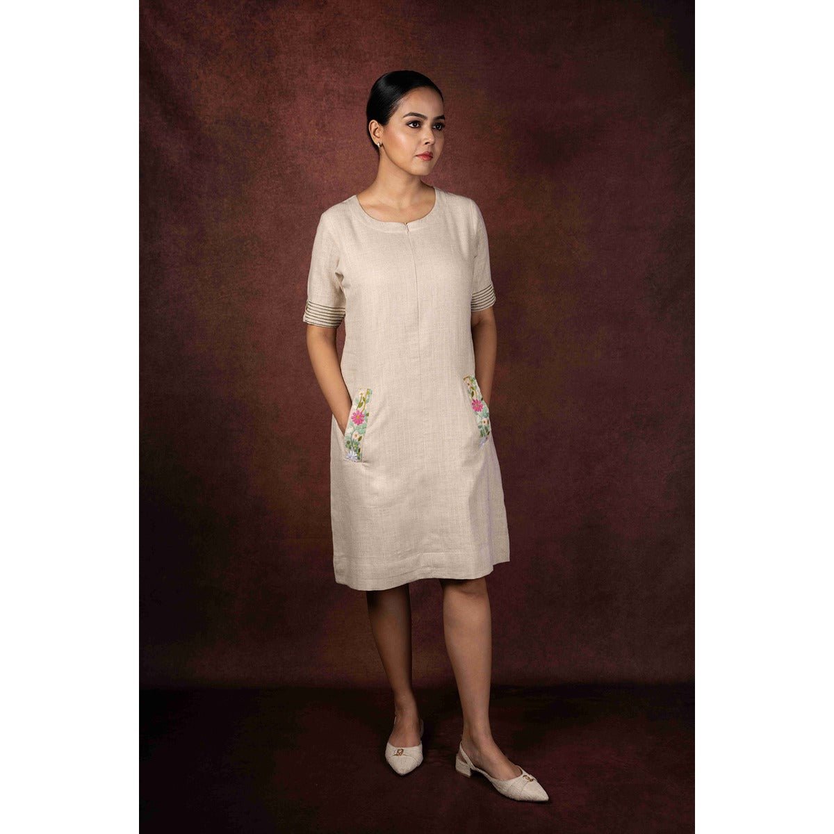 Aaranya Jute Cotton Dress With Pocket & Back Embroidery – Womens Dress on Brown Living™. SKU: HD1005. Img 1.