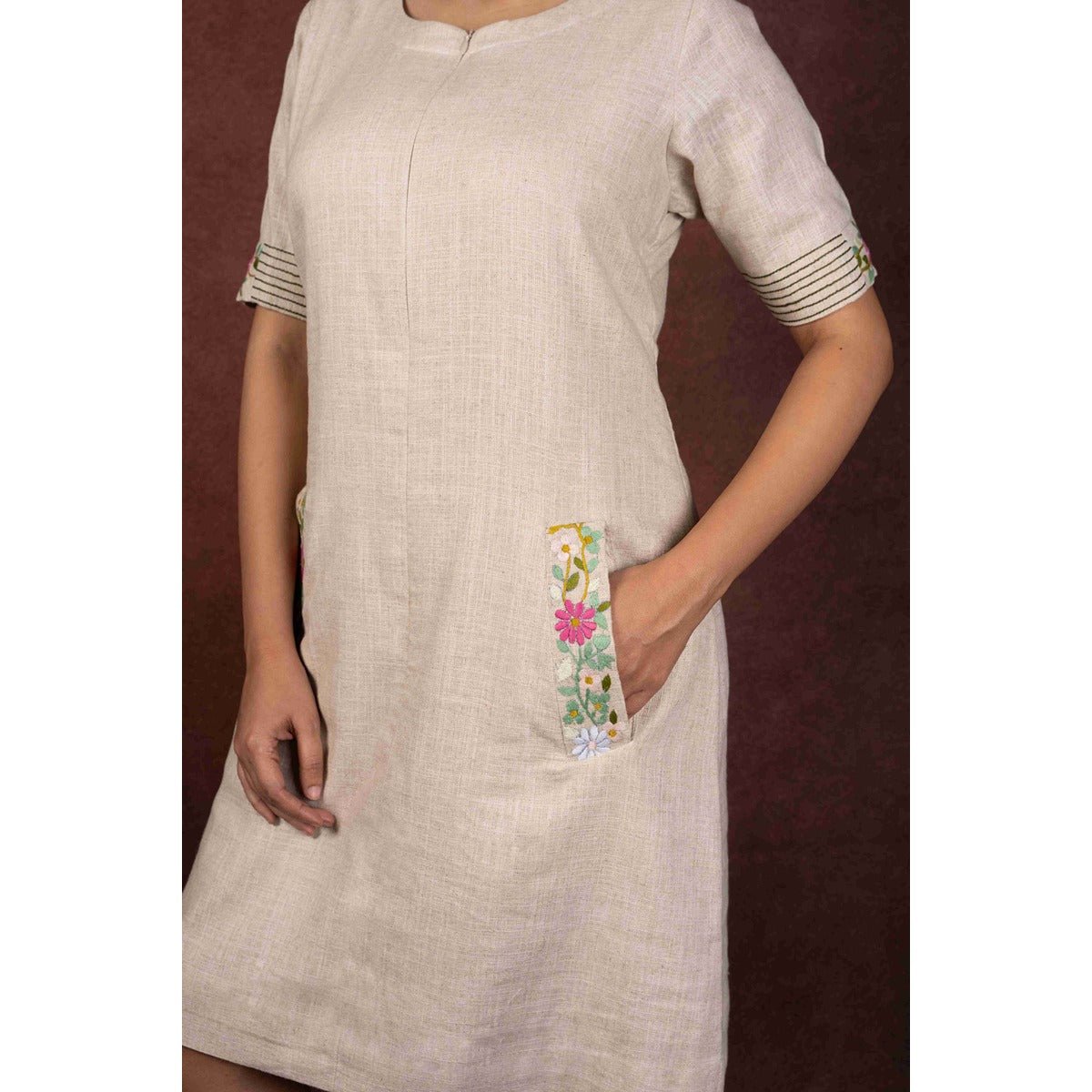 Aaranya Jute Cotton Dress With Pocket & Back Embroidery – Womens Dress on Brown Living™. SKU: HD1005. Img 4.
