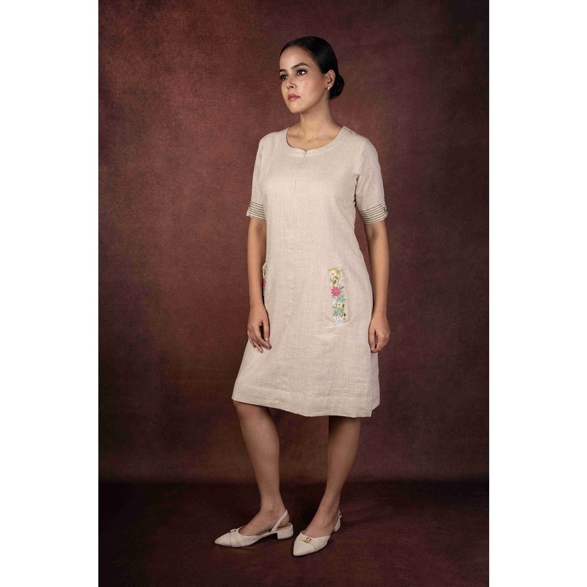 Aaranya Jute Cotton Dress With Pocket & Back Embroidery – Womens Dress on Brown Living™. SKU: HD1005XSN. Img 3.