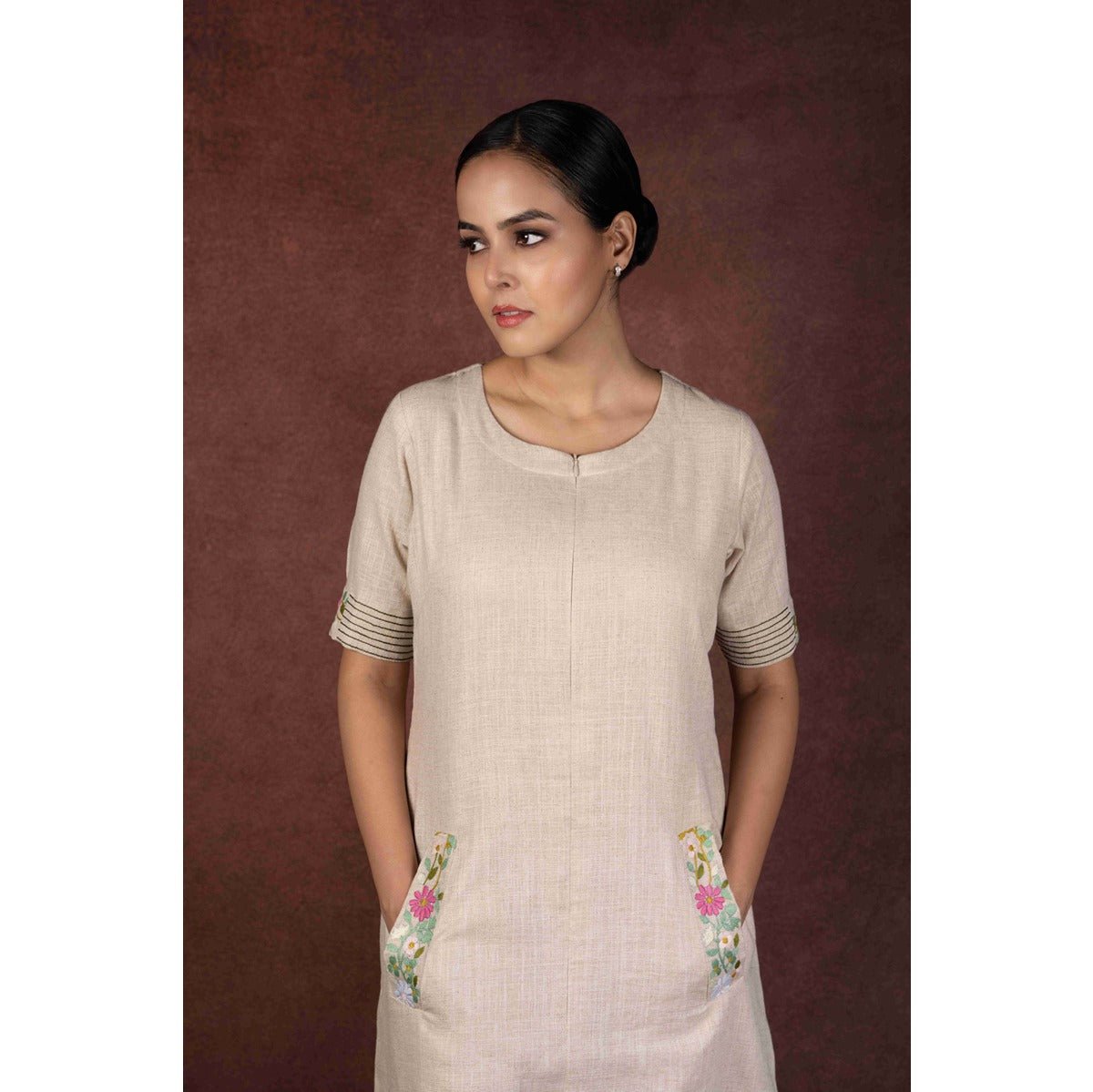 Aaranya Jute Cotton Dress With Pocket & Back Embroidery – Womens Dress on Brown Living™. SKU: HD1005XSN. Img 2.