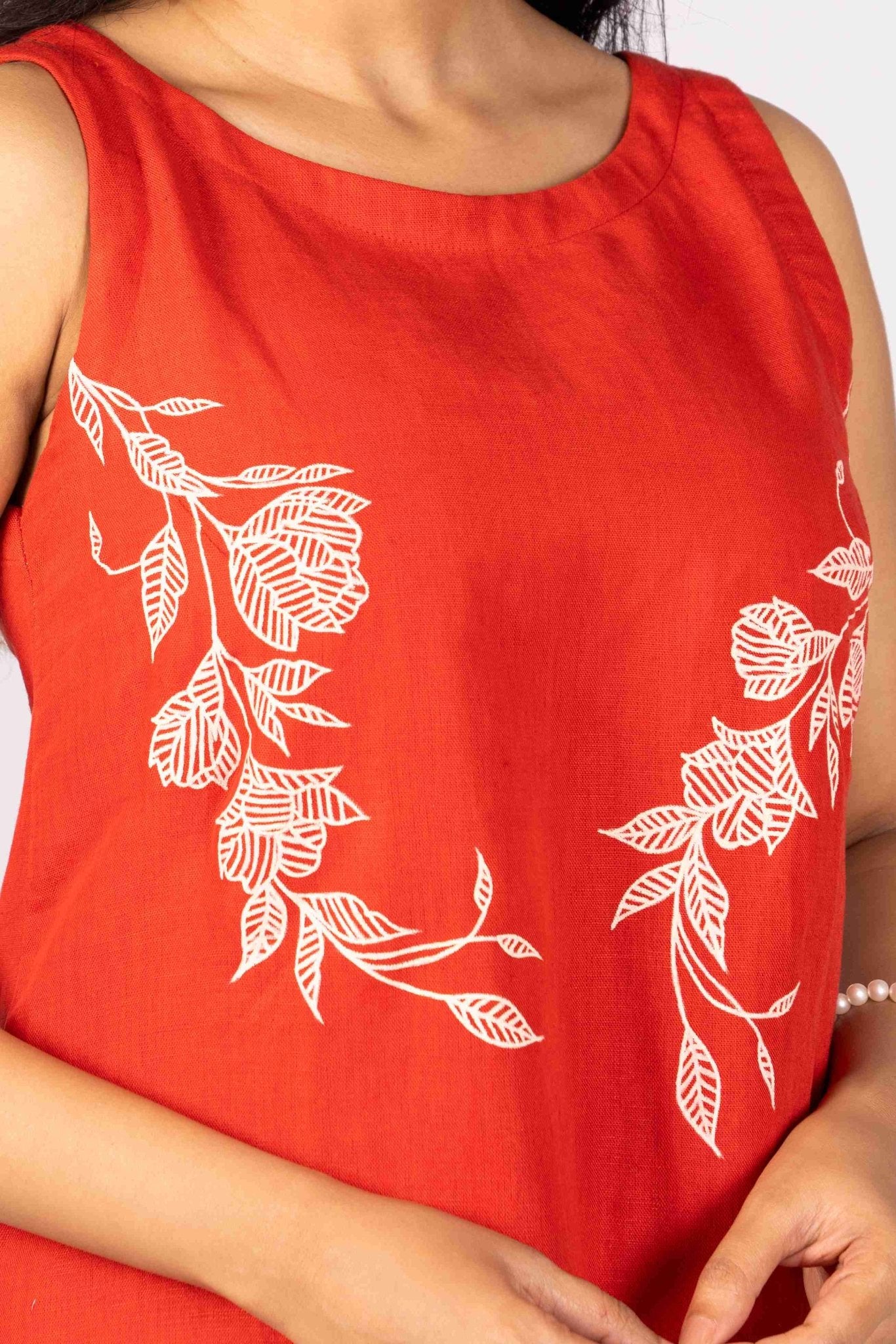 Aarohi Rust Red A - Line Dress With Hand Painting – Womens Dress on Brown Living™. SKU: HD1027. Img 1.