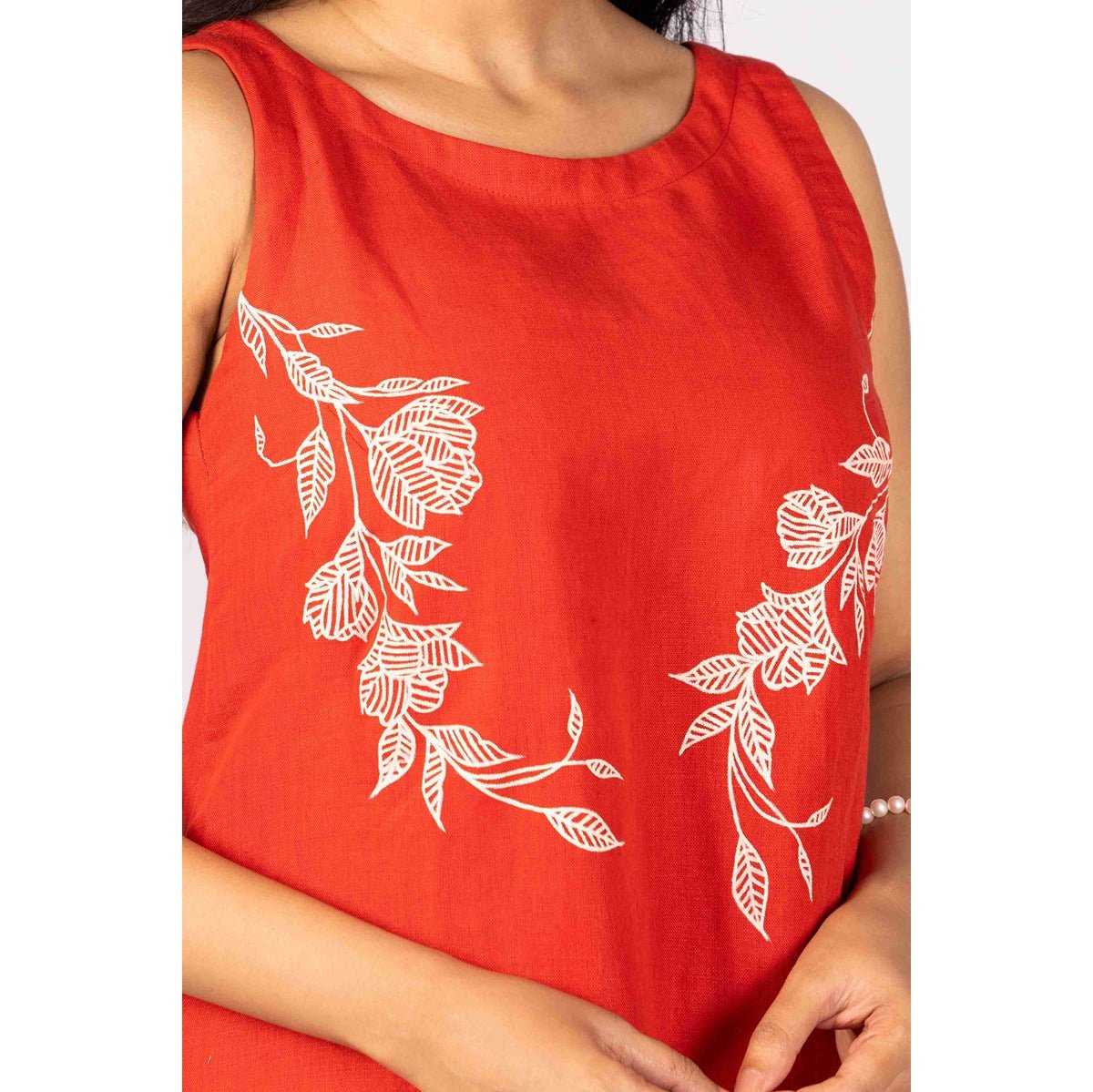 Aarohi Rust Red A - Line Dress With Hand Painting – Womens Dress on Brown Living™. SKU: HD1027XSN. Img 3.
