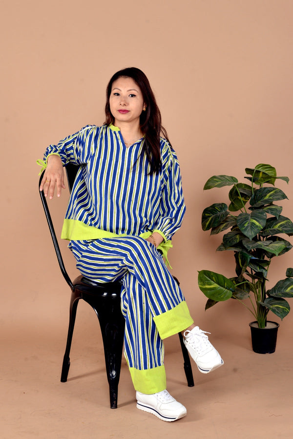 Aashi 2 Pc Blue Stripe Print Handloom Cotton Co-Ord Set | Verified Sustainable Womens Co-Ord Sets on Brown Living™