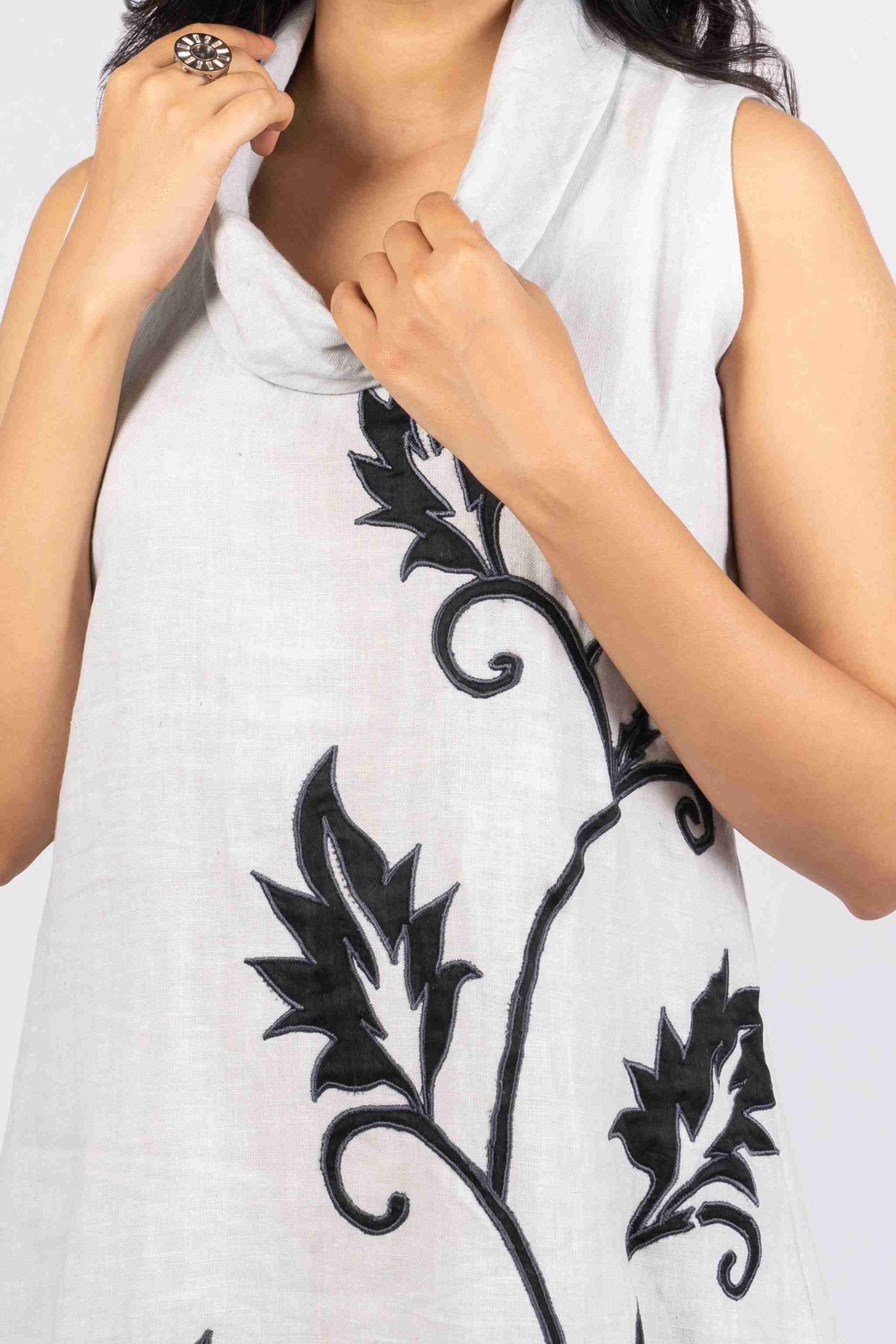 Abhaa Moonstone Grey Cowl Neck Linen Dress With Applique Work – Womens Dress on Brown Living™. SKU: HD1009. Img 2.