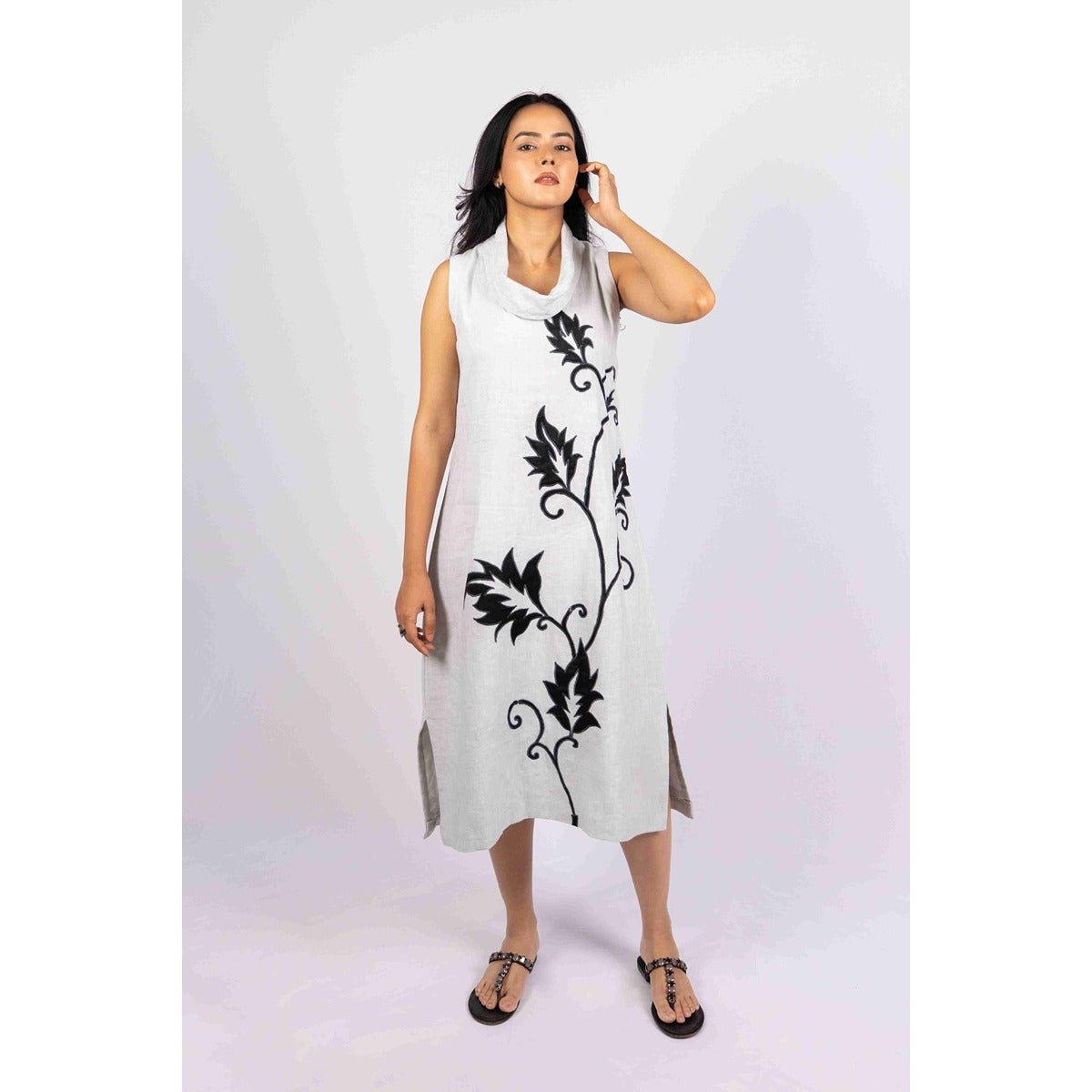 Abhaa Moonstone Grey Cowl Neck Linen Dress With Applique Work – Womens Dress on Brown Living™. SKU: HD1009. Img 1.