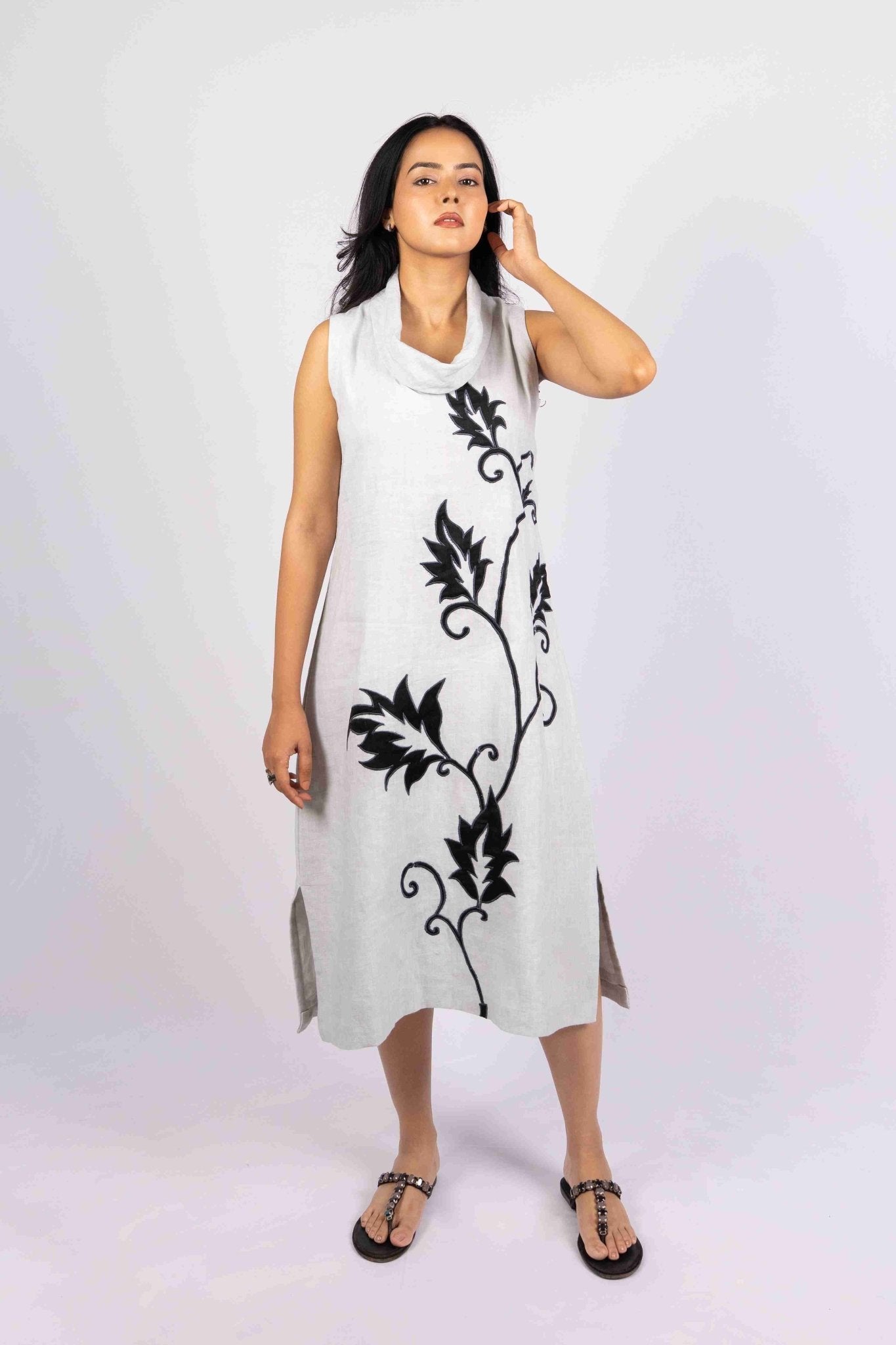 Abhaa Moonstone Grey Cowl Neck Linen Dress With Applique Work – Womens Dress on Brown Living™. SKU: HD1009. Img 1.