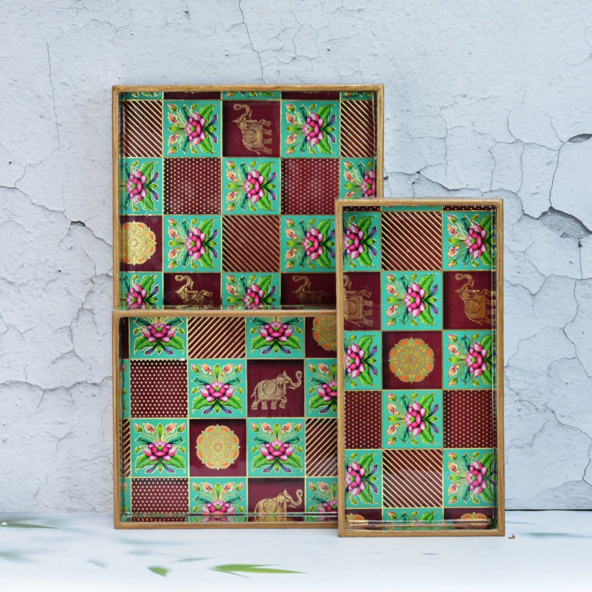 Abstract Floral Rectangular Trays - Pack of 3 – Home Decor by The Mohraj available on Brown Living™. Botanical Golden Rectangular Trays . SKU: MJ00152TYF. Img 11.