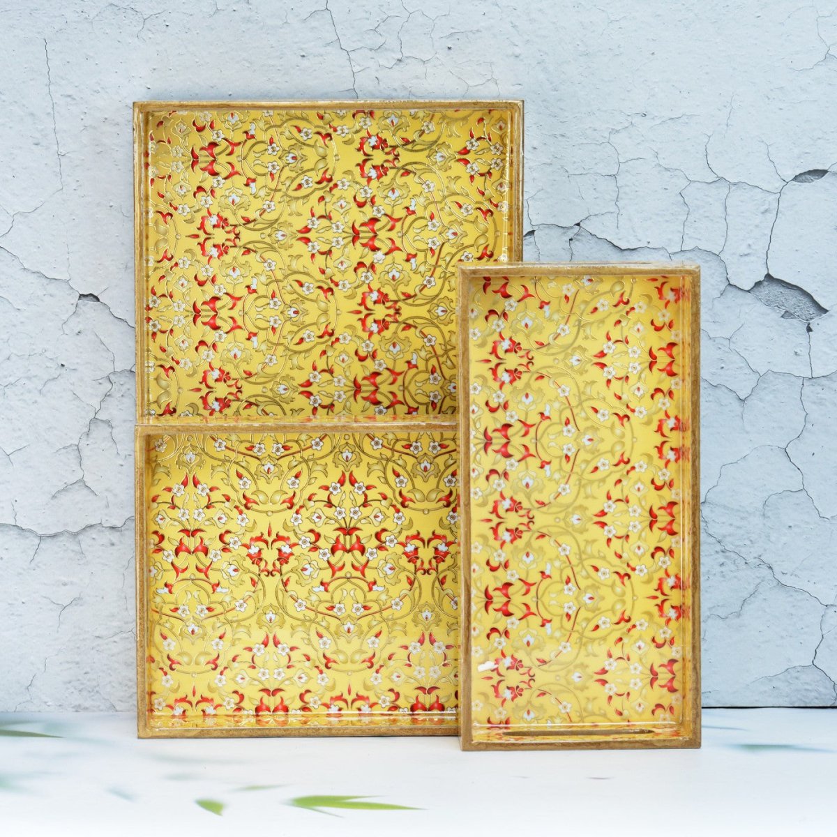 Abstract Floral Rectangular Trays - Pack of 3 – Home Decor by The Mohraj available on Brown Living™. Bright Wooden Rectangular Trays . SKU: MJ00152TYB. Img 7.
