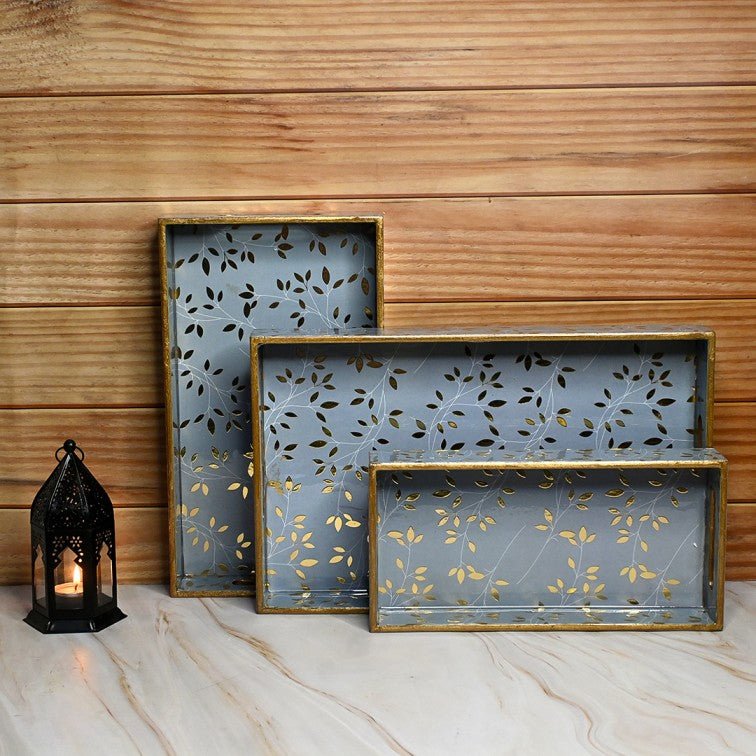 Abstract Floral Rectangular Trays - Pack of 3 – Home Decor by The Mohraj available on Brown Living™. Rajasthani Wooden Rectangular Trays . SKU: MJ00152TYG. Img 5.
