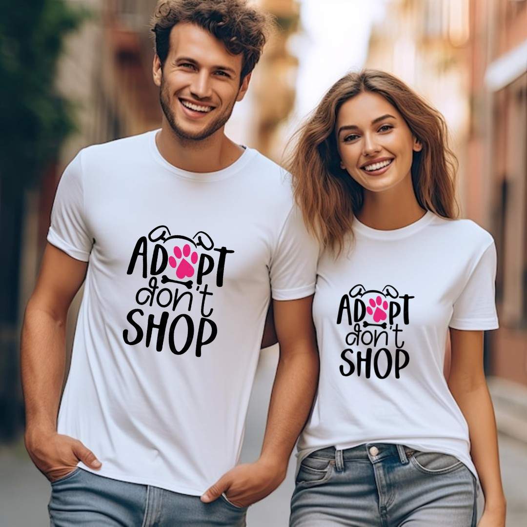Adopt Don’t Shop Unisex Cotton T-Shirt | Graphic Tee – Mens T-Shirt on Brown Living™. SKU: adopt-don-t-shop-unisex-White-S. Img 1.