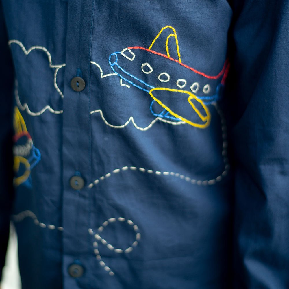 Aeroplane Embroidered Organic Cotton Shirt - Navy – Kids Shirts on Brown Living™. SKU: NANFS007EMB024 - 18M. Img 5.