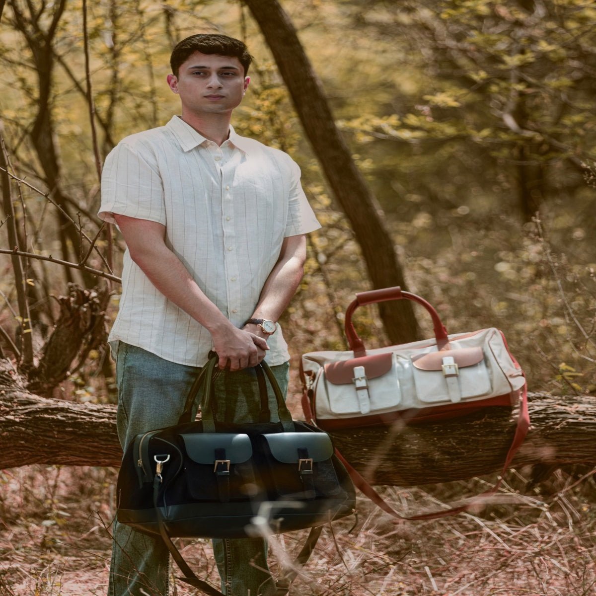 Ajax Vegan Leather Duffle Bag - Beige & Gingerbread – Travel Duffel on Brown Living™. SKU: TDGH2025 - 1001. Img 9.