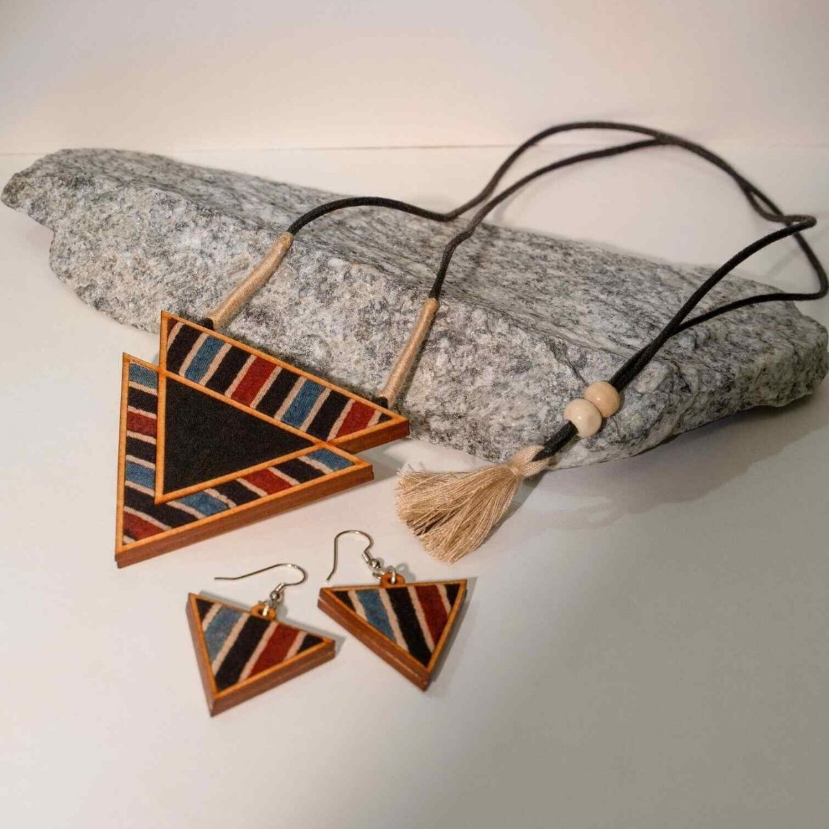 Ajrakh Repurposed Fabric & Wood Triangular Necklace Earrings Combo – Womens Earrings on Brown Living™. SKU: JCC003. Img 3.