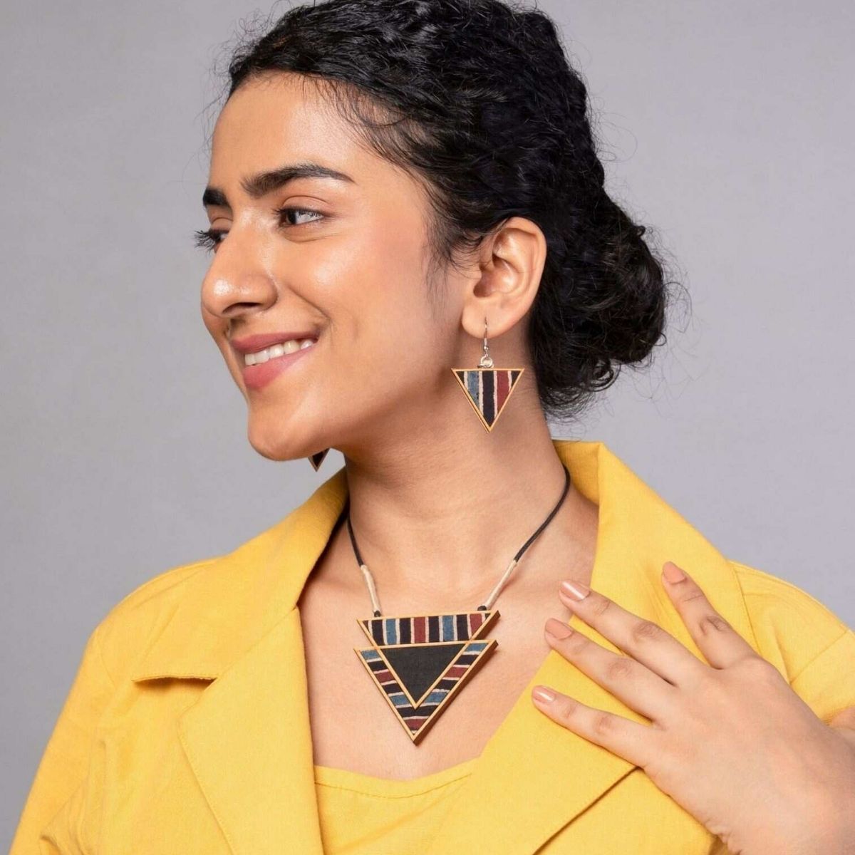 Ajrakh Repurposed Fabric & Wood Triangular Necklace Earrings Combo – Womens Earrings on Brown Living™. SKU: JCC003. Img 1.