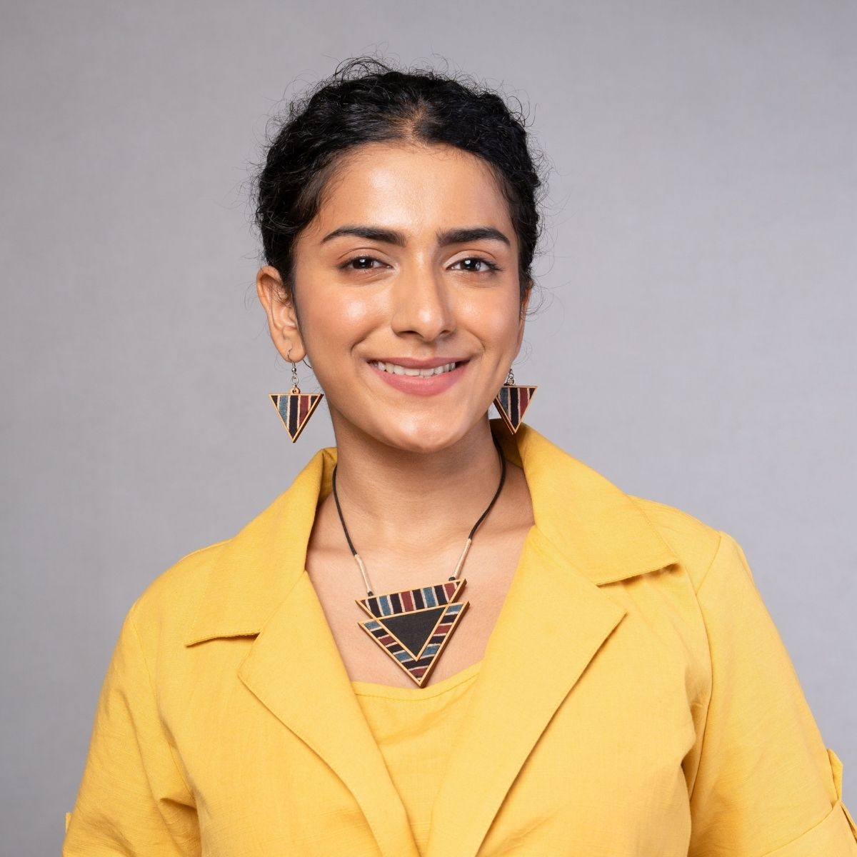 Ajrakh Repurposed Fabric & Wood Triangular Necklace Earrings Combo – Womens Earrings on Brown Living™. SKU: JCC003. Img 2.