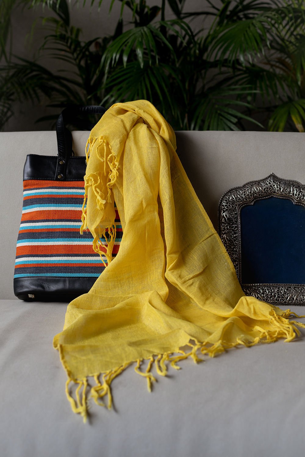 All Season Linen Scarf – Yellow | Lightweight Everyday Wrap for Women – Womens Scarf on Brown Living™. SKU: ANTASSY. Img 1.