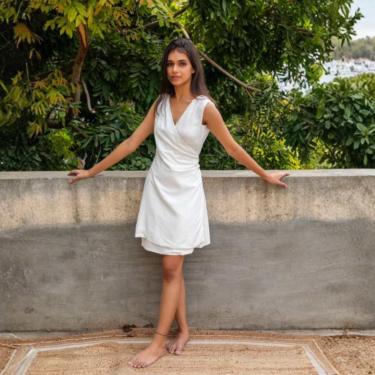 Amani White Tencel Wrap Dress | Soft & Breathable – Womens Dress on Brown Living™. SKU: JDS5038XS. Img 1.