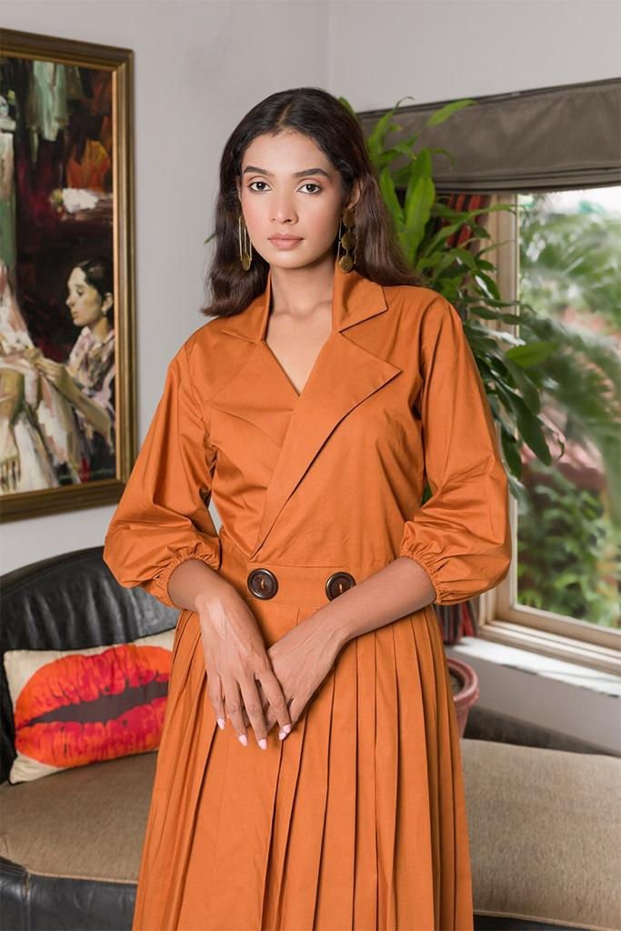 Amber Flow Dress | Elegant Women’s Flowy Dress in Warm Amber Tone – Womens Dress on Brown Living™. SKU: ANTAFDS. Img 3.