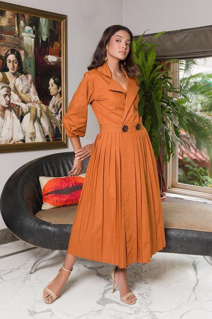 Amber Flow Dress | Elegant Women’s Flowy Dress in Warm Amber Tone – Womens Dress on Brown Living™. SKU: ANTAFDS. Img 2.