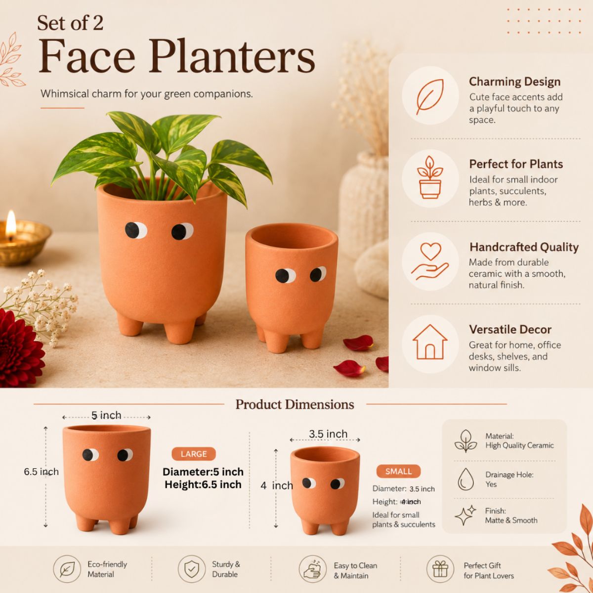 Amber Muse Face Planter Set of 2 | Orange Decorative Planters – Ceramic Planter on Brown Living™. SKU: D-474. Img 6.