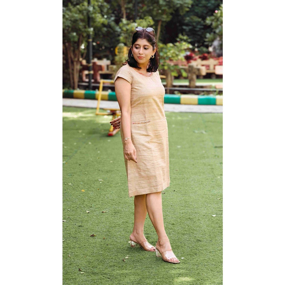 Anahita Natural Beige Zari Gicha Dress With Intricate Braid Work – Womens Dress on Brown Living™. SKU: HD1012XSN. Img 3.