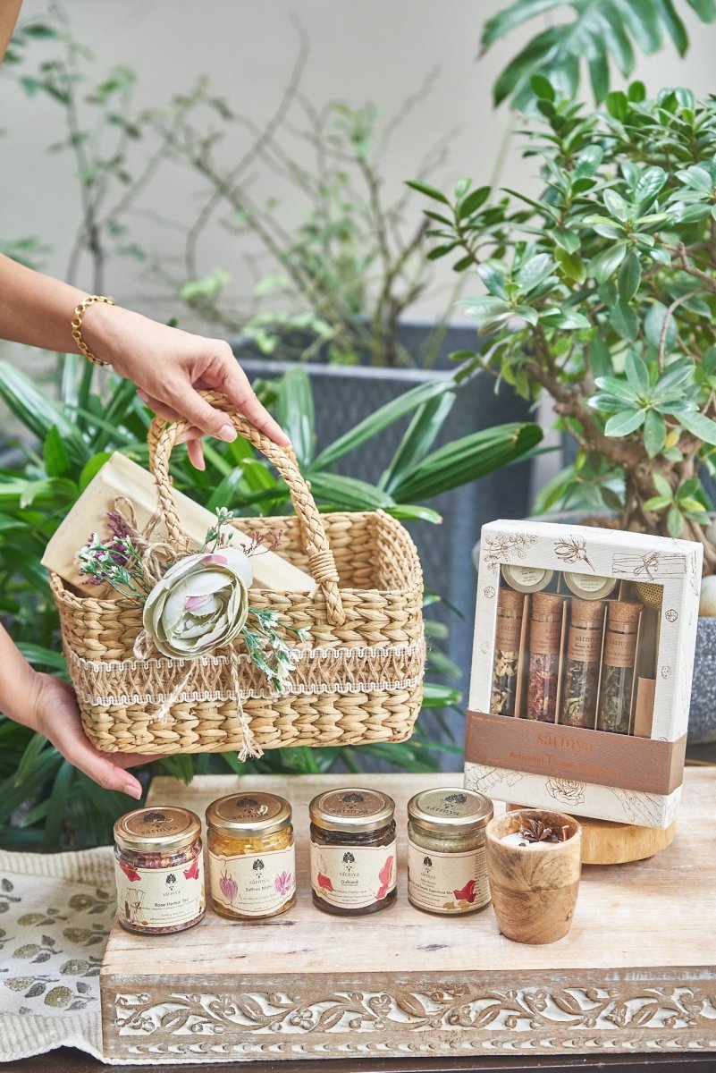 Ānanda Basket - Traditional Ayurvedic Wellness Hamper – Gift Giving by Sātmya available on Brown Living™. . SKU: Anand_1000gms. Img 1.