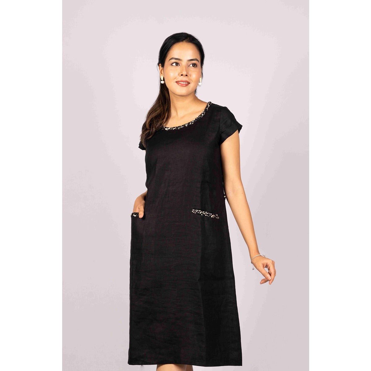 Anshika Charcoal Black Pure Linen Dress With Intricate Braid Work – Womens Dress on Brown Living™. SKU: HD1008XSN. Img 2.