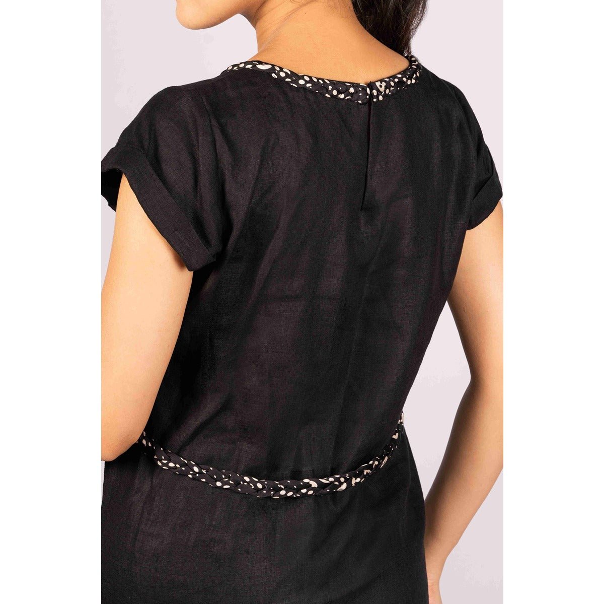 Anshika Charcoal Black Pure Linen Dress With Intricate Braid Work – Womens Dress on Brown Living™. SKU: HD1008XSN. Img 3.