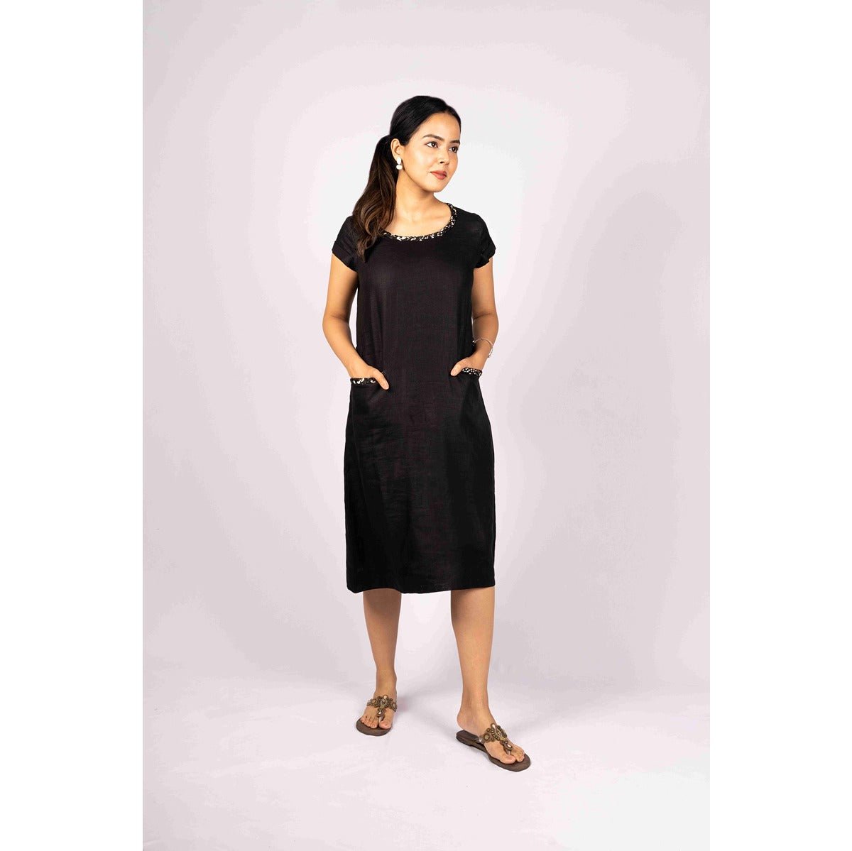 Anshika Charcoal Black Pure Linen Dress With Intricate Braid Work – Womens Dress on Brown Living™. SKU: HD1008XSN. Img 1.