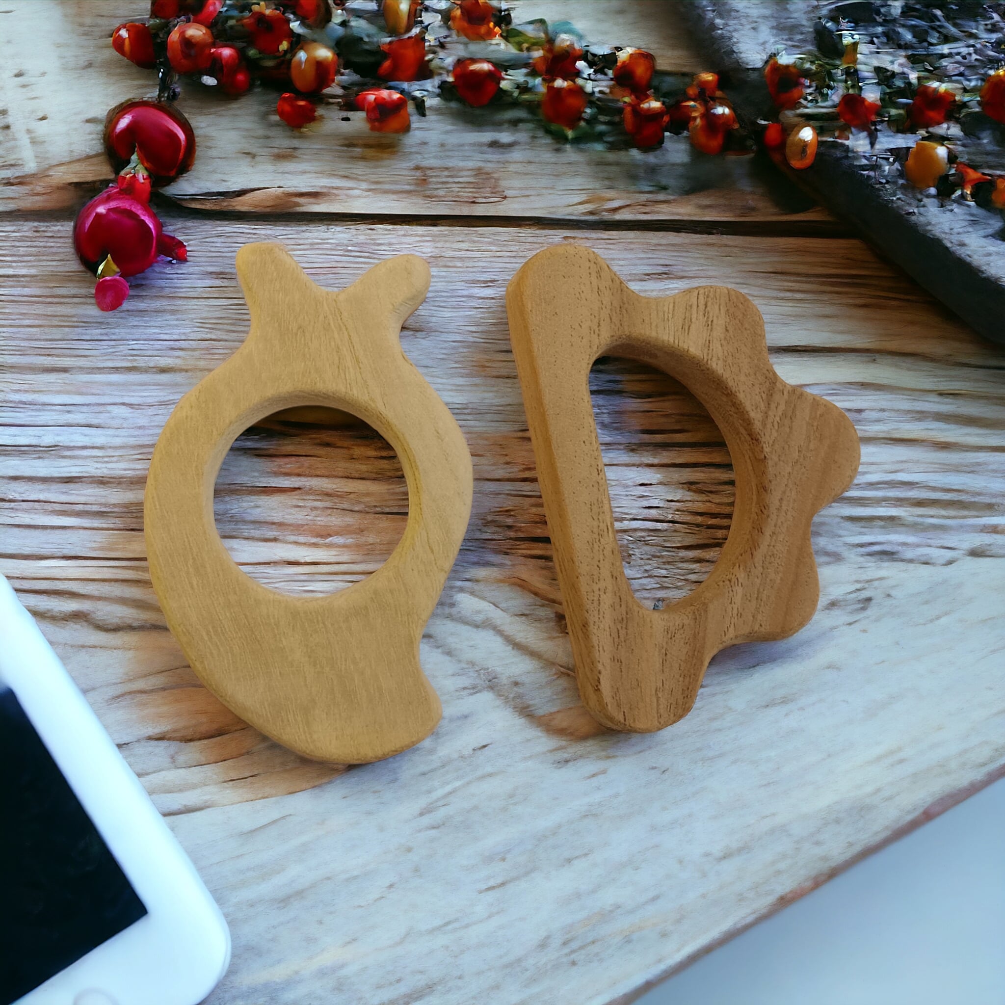 Anti - Bacterial Neem Wooden Teethers – Mango & Cloud Shapes – Baby Teethers & Soothers on Brown Living™. SKU: T_MNG-CLD. Img 1.