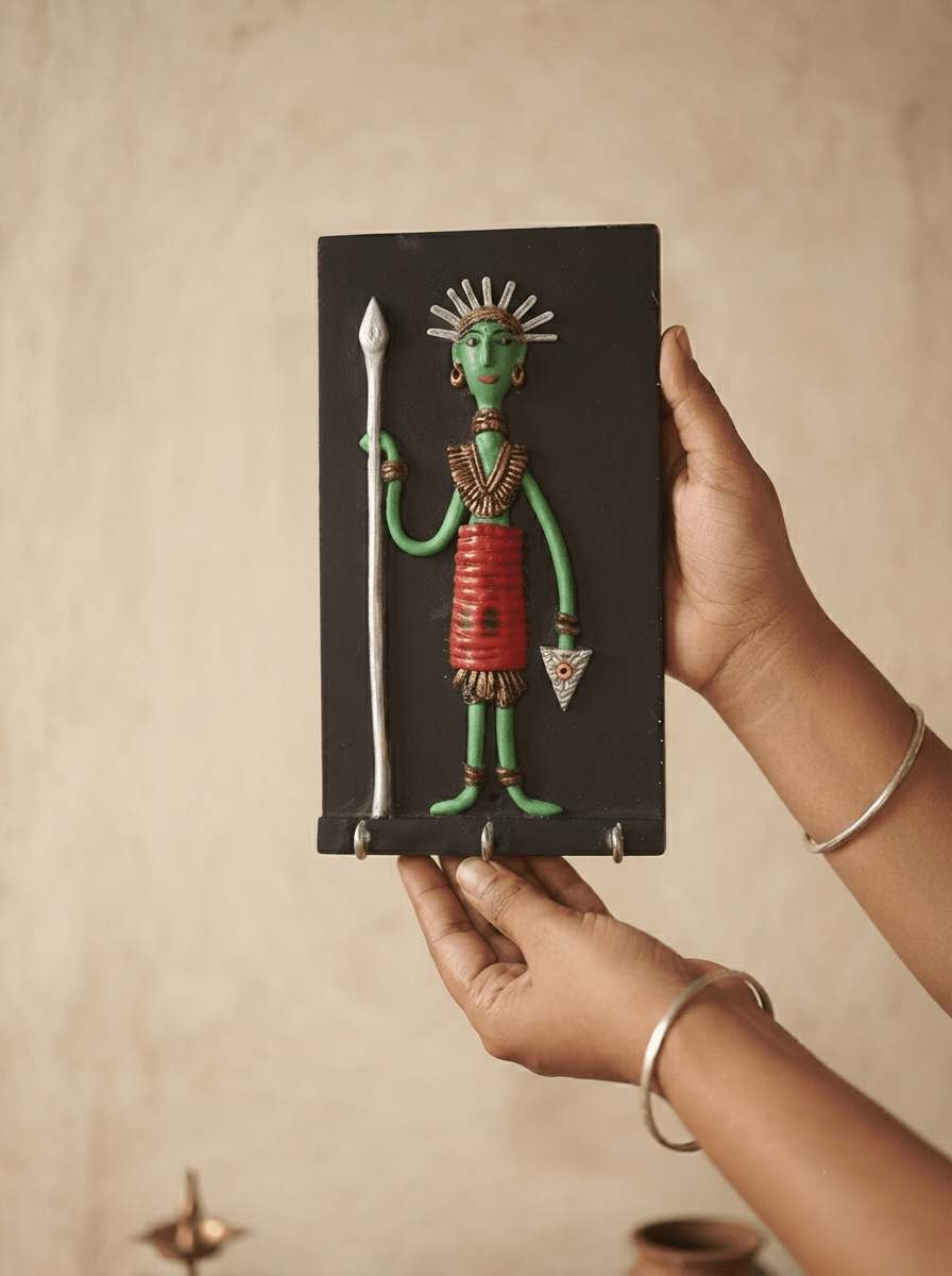 Antique Adivasi Key Holder | Handcrafted Paper Mache Wall Decor – Home Decor on Brown Living™. SKU: KH01. Img 3.