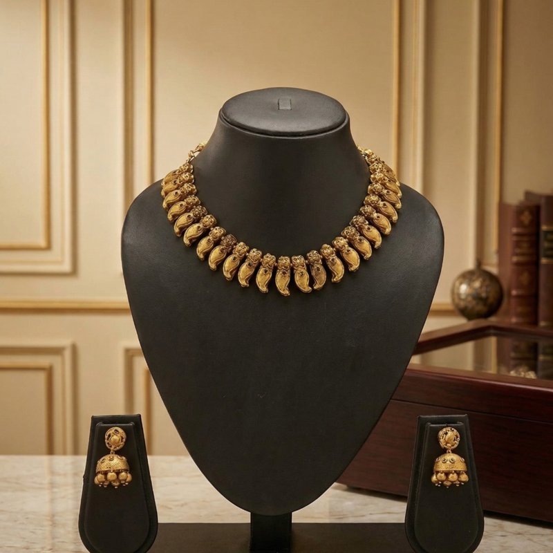 Antique Gold Temple Necklace Set with Traditional Jhumka Earrings – Womens Jewelry Sets on Brown Living™. SKU: KOTT-T012. Img 2.
