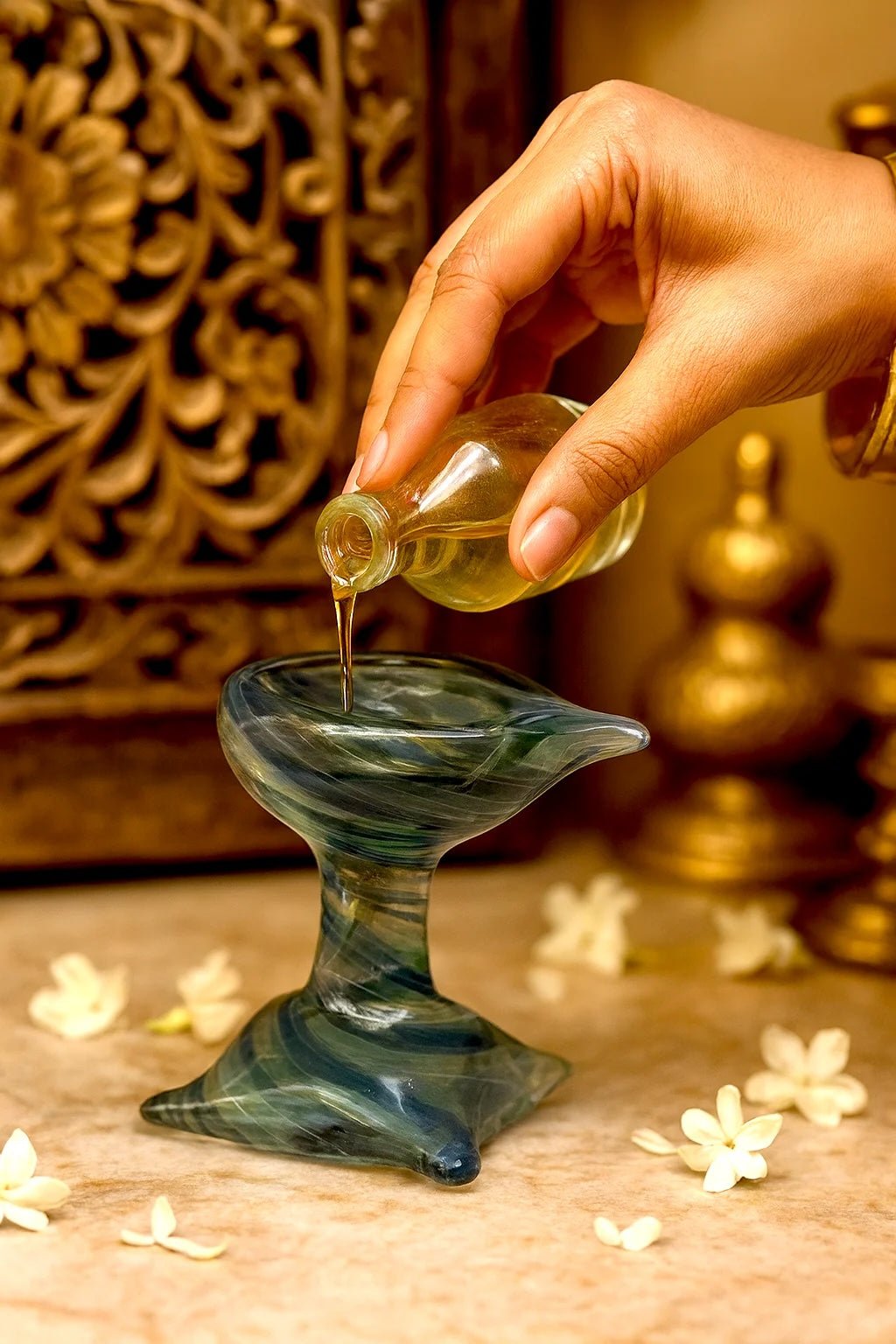 Artham Deep – Art Glass Puja Diya Decorative Pooja Lamp – Pooja Needs on Brown Living™. SKU: ARTHAM - DEEP. Img 2.