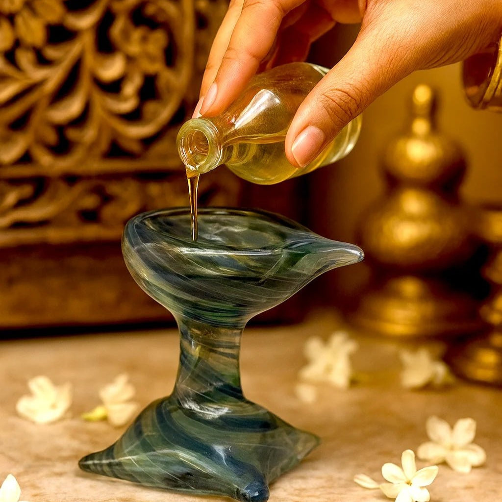 Artham Deep – Art Glass Puja Diya Decorative Pooja Lamp – Pooja Needs on Brown Living™. SKU: ARTHAM - DEEP. Img 2.