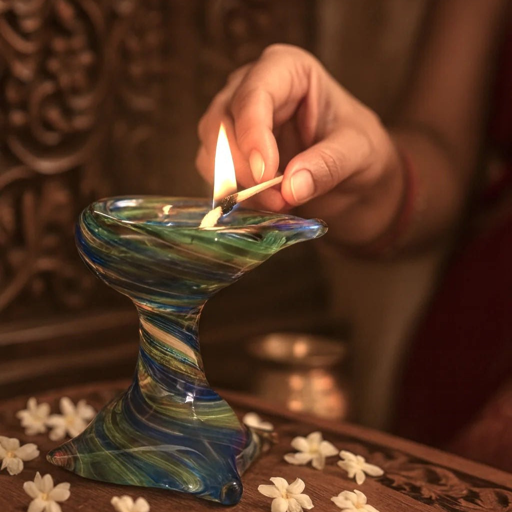 Artham Deep – Art Glass Puja Diya Decorative Pooja Lamp – Pooja Needs on Brown Living™. SKU: ARTHAM - DEEP. Img 1.