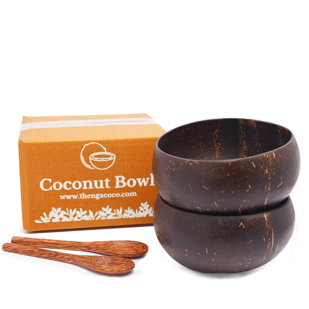 Artisan Jumbo Coconut Shell Bowls And Spoon Sets - 900ml (Set of 2) – Plates & Bowls on Brown Living™. SKU: jumbo 900ml - spoon x 2. Img 1.