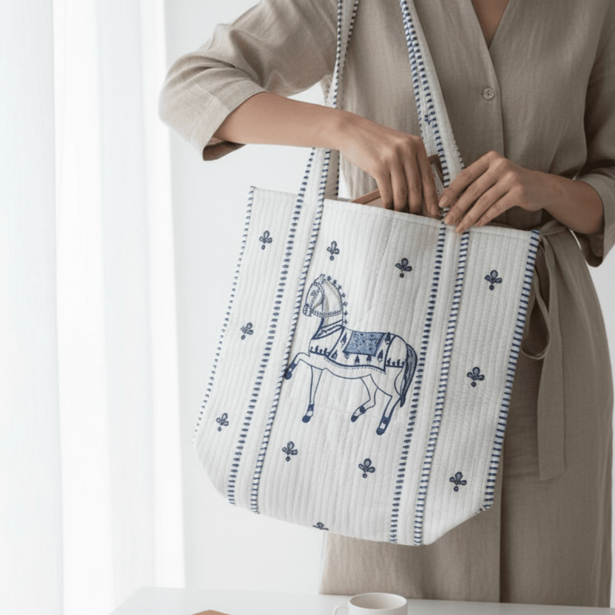 Ashwa Horse Hand Block Printed Quilted Cotton Tote Bag 14x14 Inch – Handbags on Brown Living™. SKU: ASHWATOTE14X14. Img 2.