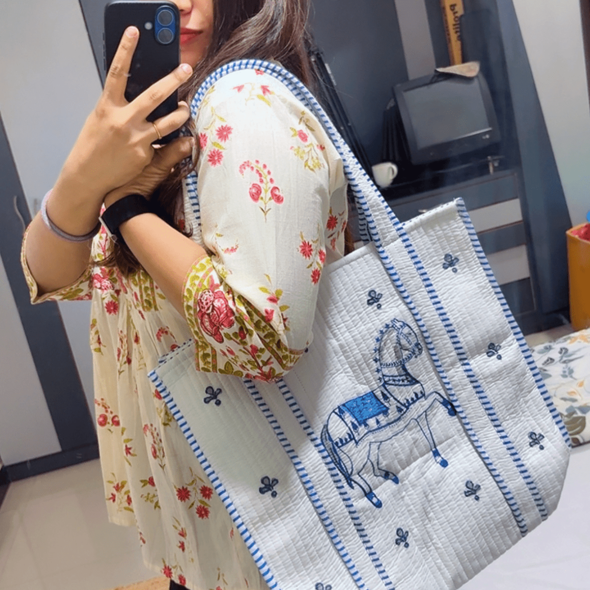 Ashwa Horse Hand Block Printed Quilted Cotton Tote Bag 14x14 Inch – Handbags on Brown Living™. SKU: ASHWATOTE14X14. Img 5.