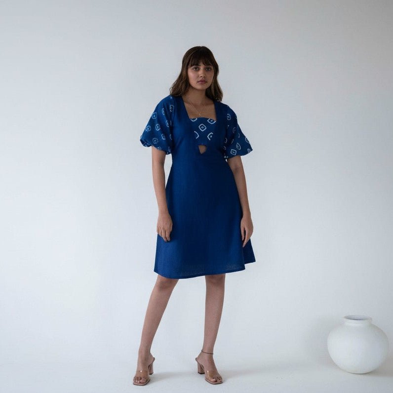 Aurelia Dress in Kala Cotton with Natural Indigo Dye – Womens Dress on Brown Living™. SKU: KAL-AUR-XS. Img 1.