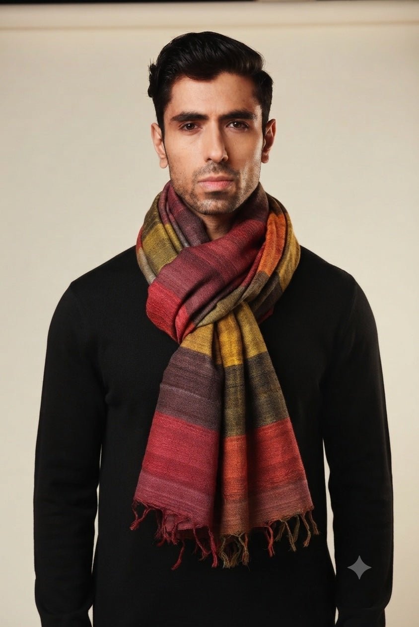 Autumn Tussar Peace Silk Scarf for Men | Madras Checks – Mens Scarf on Brown Living™. SKU: NAEMNSWT03. Img 1.