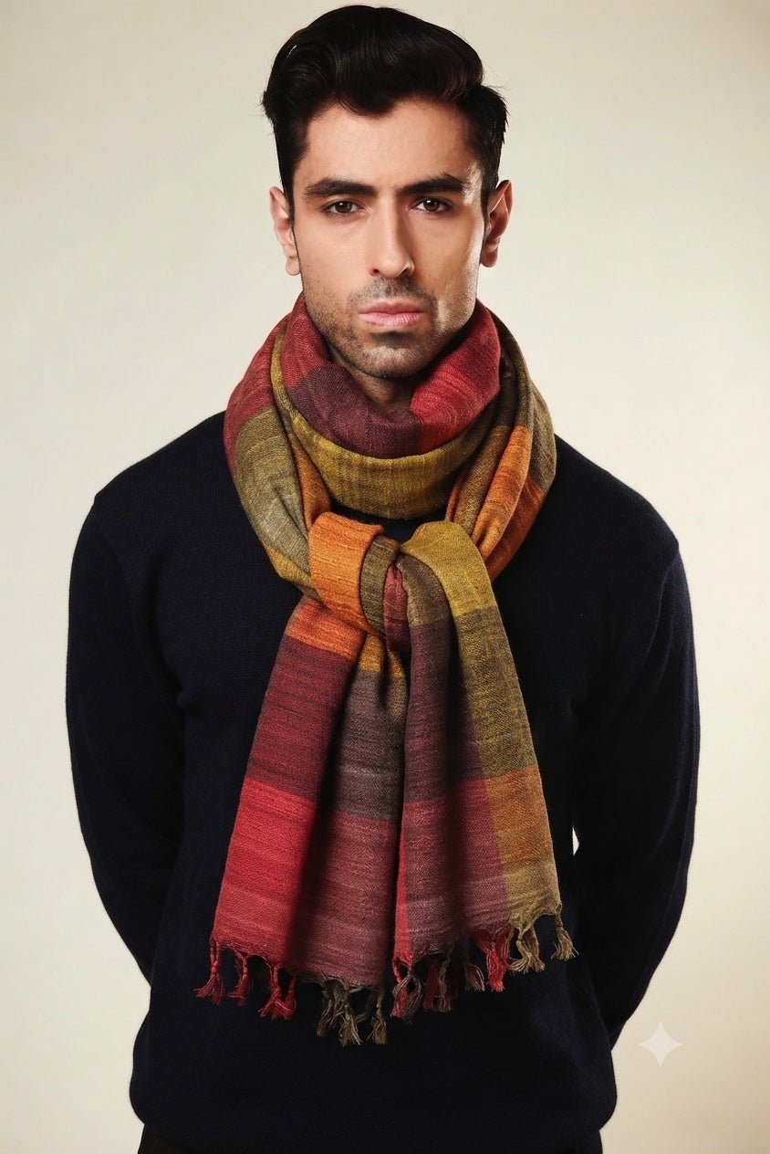 Autumn Tussar Peace Silk Scarf for Men | Madras Checks – Mens Scarf on Brown Living™. SKU: NAEMNSWT03. Img 2.