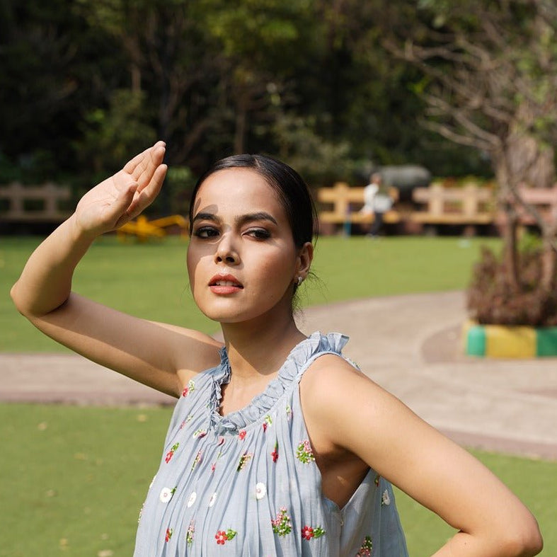 Avani Powder Blue Incut Flared Embroidered Dress – Womens Dress on Brown Living™. SKU: HD1021. Img 8.