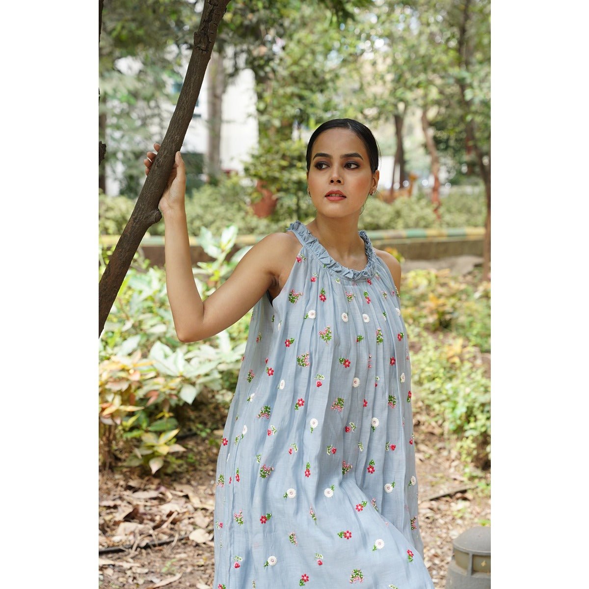 Avani Powder Blue Incut Flared Embroidered Dress. – Womens Dress on Brown Living™. SKU: HD1021XSN. Img 6.