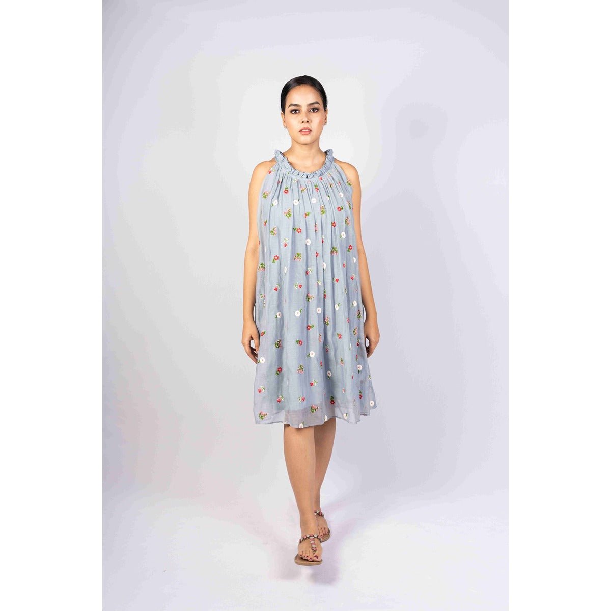 Avani Powder Blue Incut Flared Embroidered Dress. – Womens Dress on Brown Living™. SKU: HD1021XSN. Img 1.