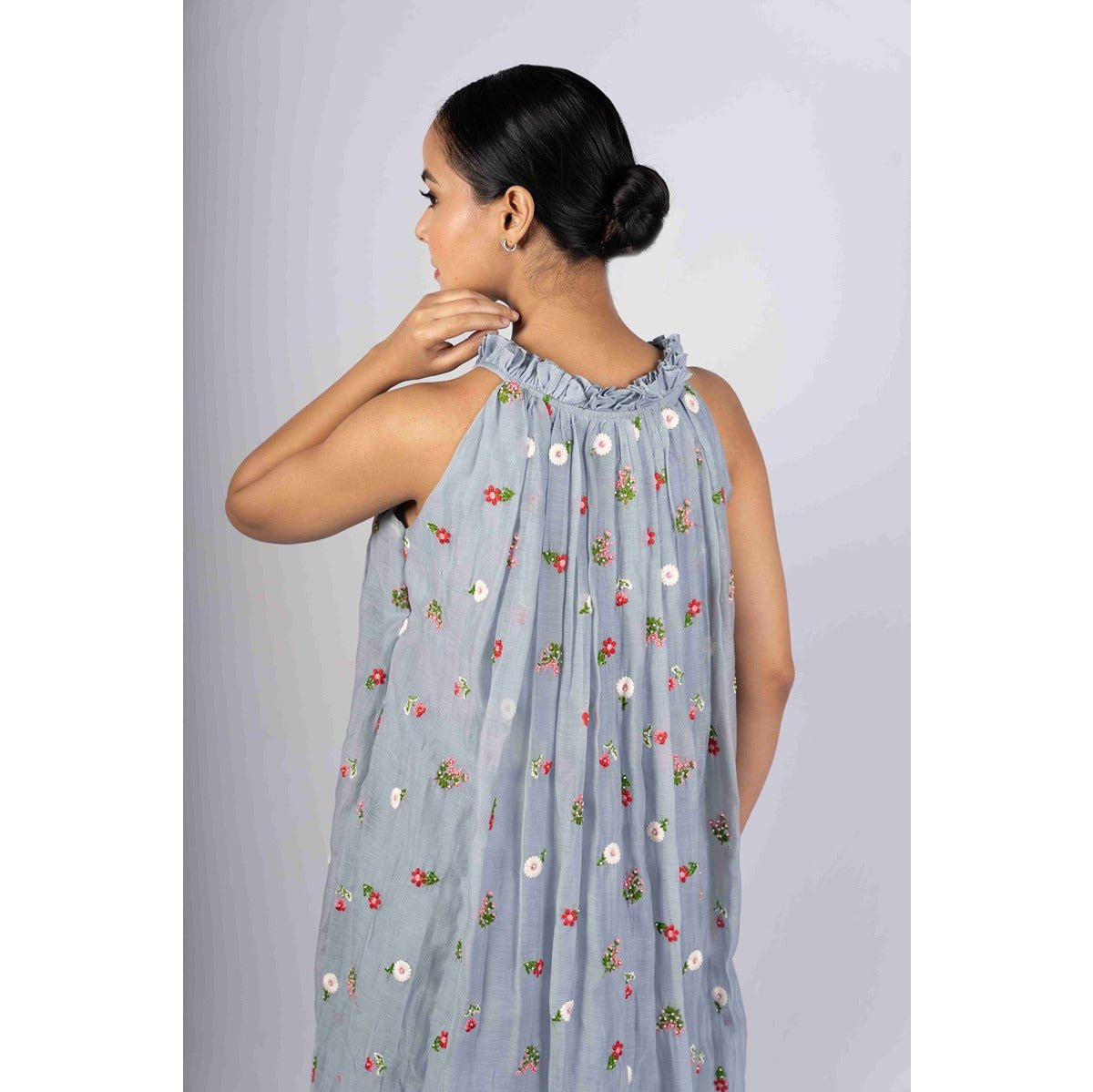 Avani Powder Blue Incut Flared Embroidered Dress. – Womens Dress on Brown Living™. SKU: HD1021XSN. Img 2.