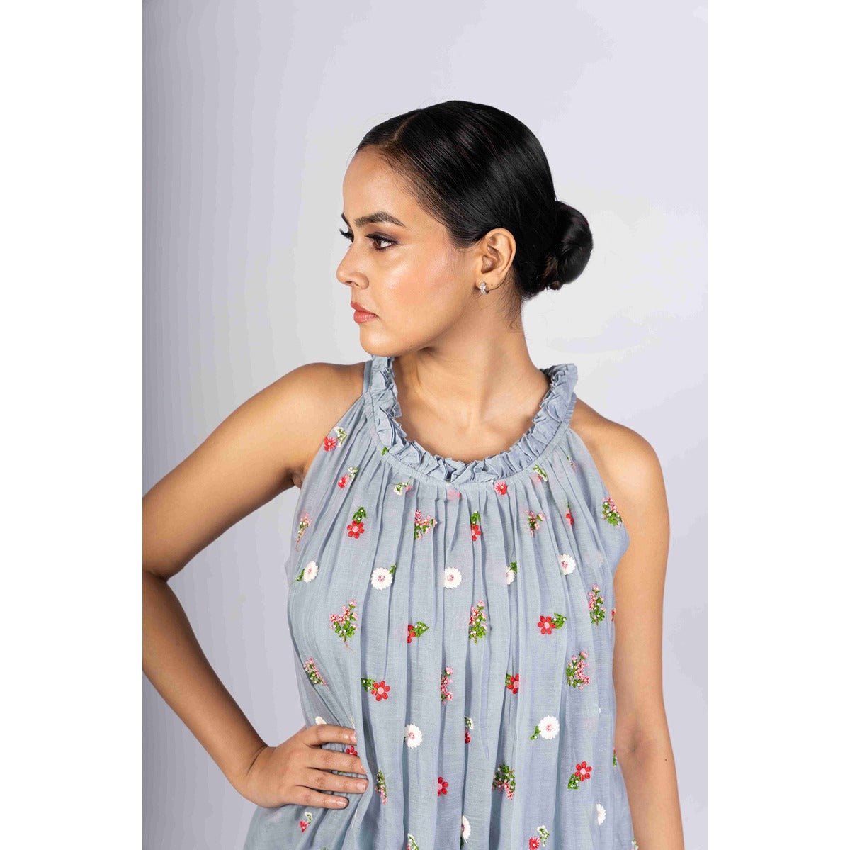 Avani Powder Blue Incut Flared Embroidered Dress. – Womens Dress on Brown Living™. SKU: HD1021XSN. Img 3.