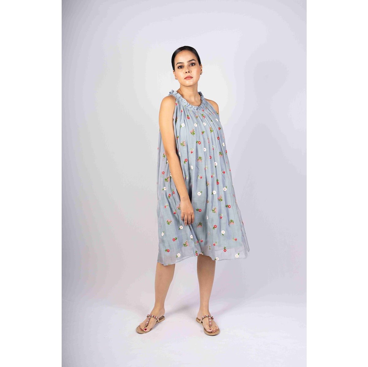 Avani Powder Blue Incut Flared Embroidered Dress. – Womens Dress on Brown Living™. SKU: HD1021XSN. Img 4.