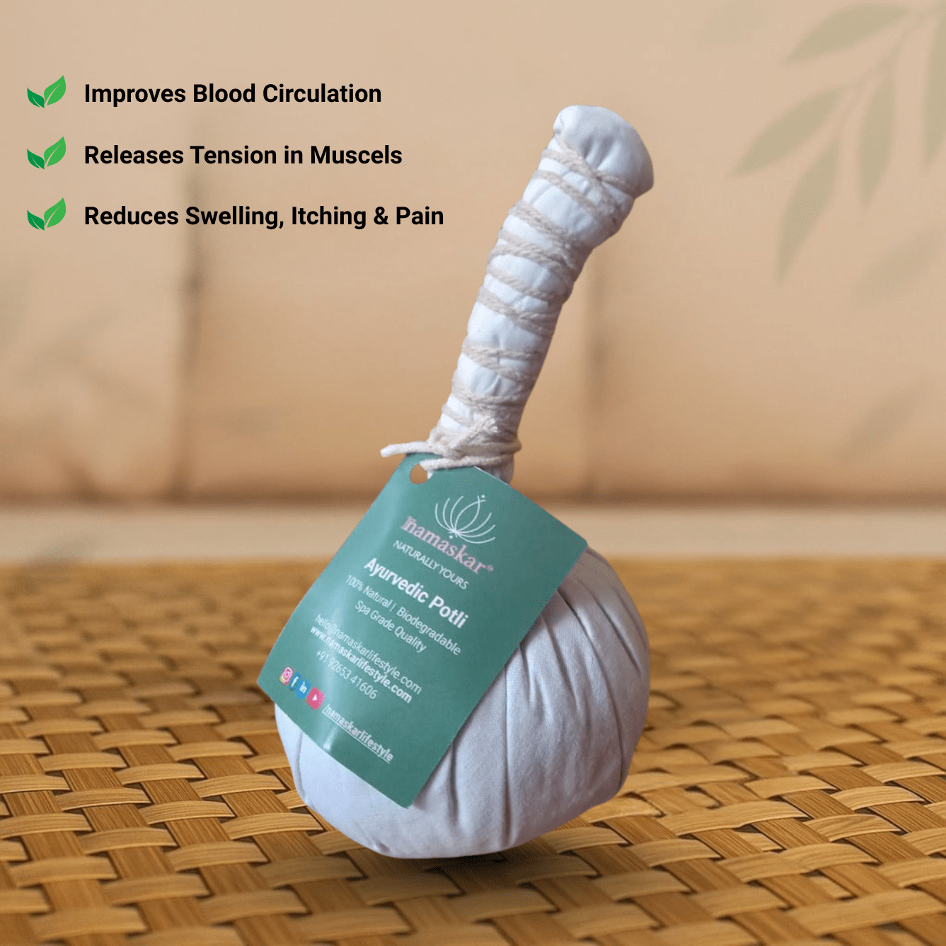 Ayurvedic Massage Potli Herbal Therapy Relaxation Bundle – Massager on Brown Living™. SKU: NAMPOTLI. Img 3.